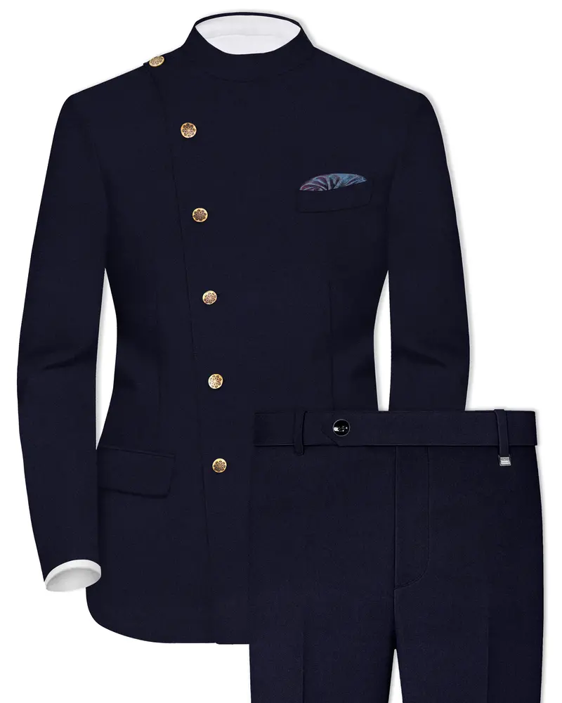 Gunmetal Blue Cross Placket Bandhgala Suit 1