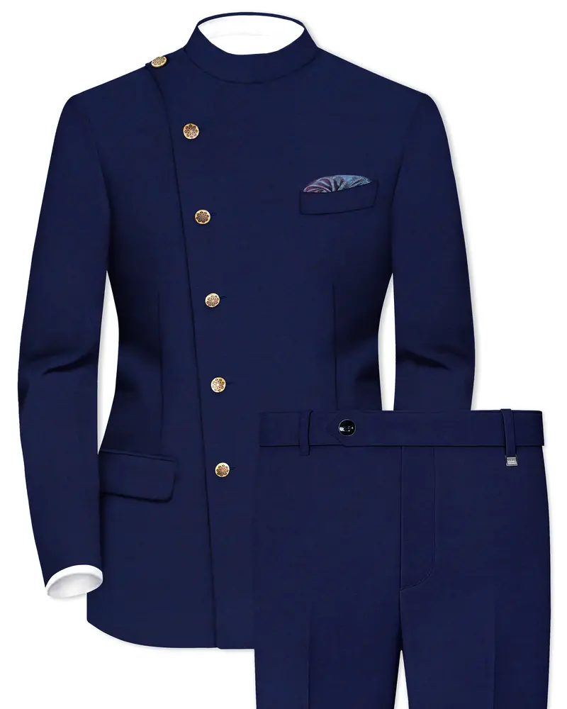 Gunmetal Blue Cross Placket Bandhgala Suit 1