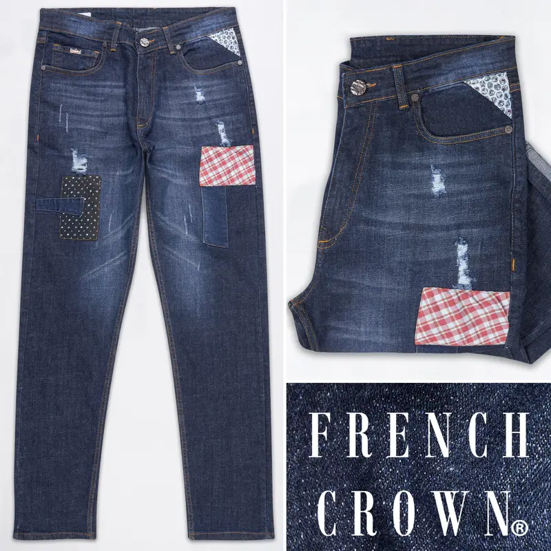 Gunmetal Blue Mildly Distressed Patch Work Whiskering Wash Stretchable Denim 1