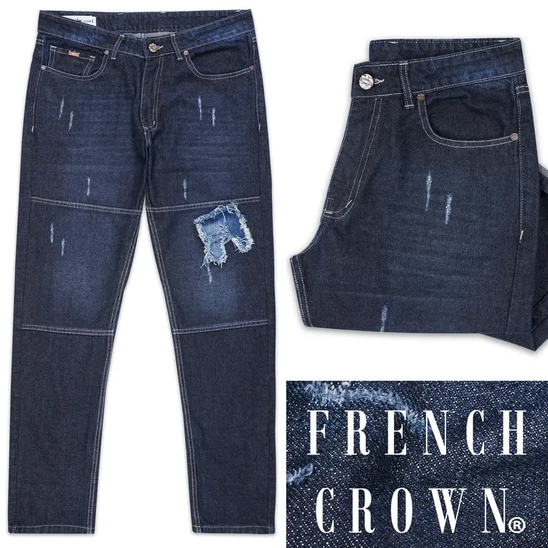 Gunmetal Blue Whiskering Wash Mildly Distressed Denim 1