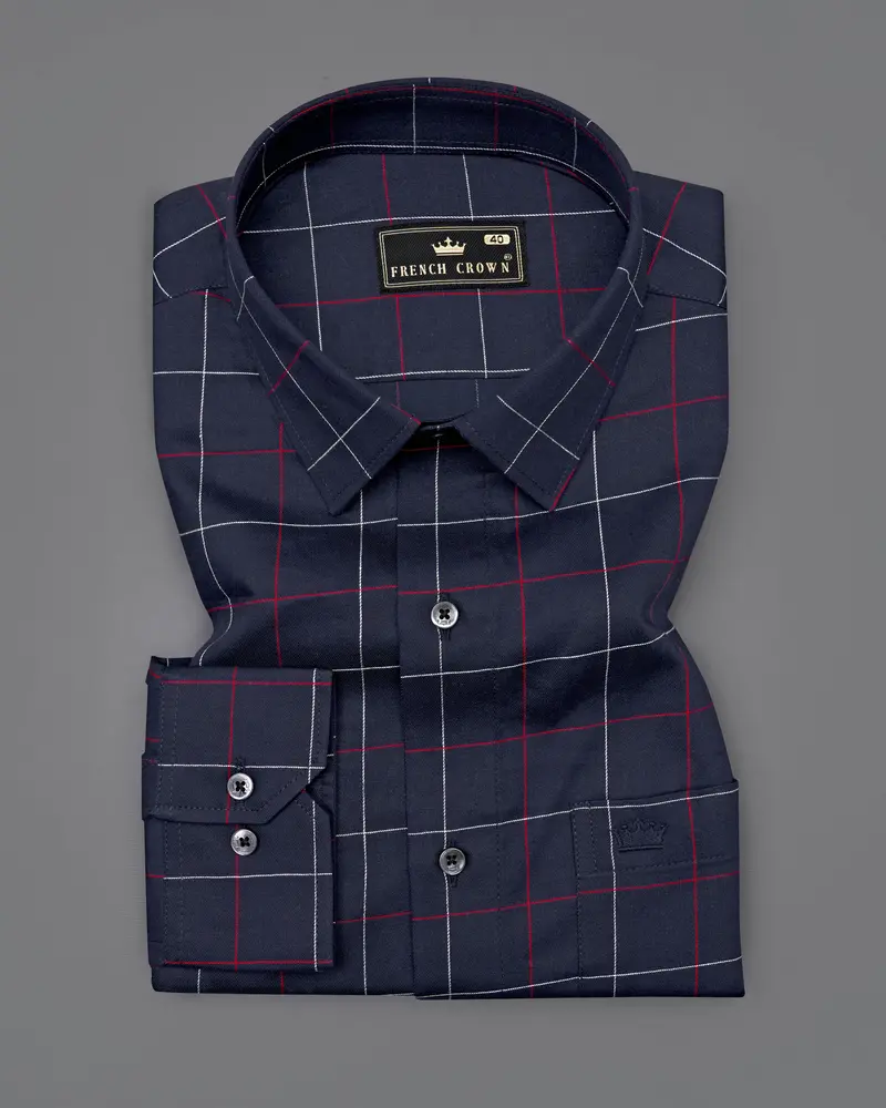 Gunmetal Blue Windowpane Twill Premium Cotton Shirt 3