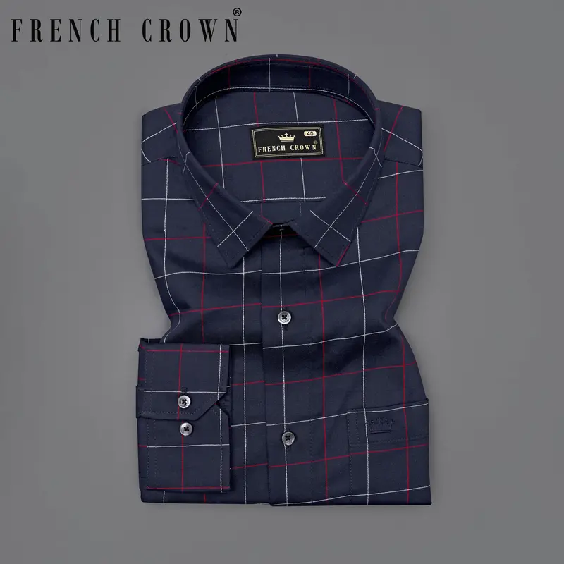 Gunmetal Blue Windowpane Twill Premium Cotton Shirt 7