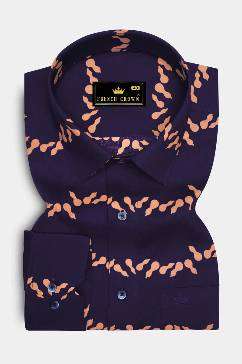 Gunmetal Blue With Melon Orange Printed Premium Cotton Shirt 4
