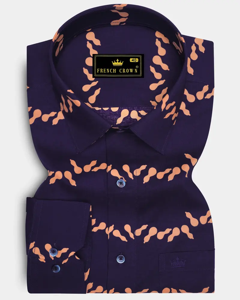 Gunmetal Blue With Melon Orange Printed Premium Cotton Shirt 6