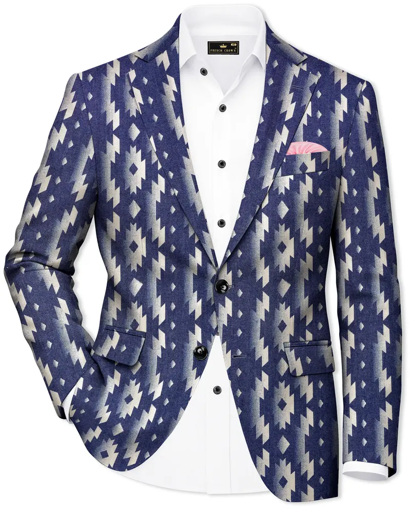 Gunmetal Blue With Nobel Cream Iktat Printed Denim Designer Premium Cotton Blazer 1
