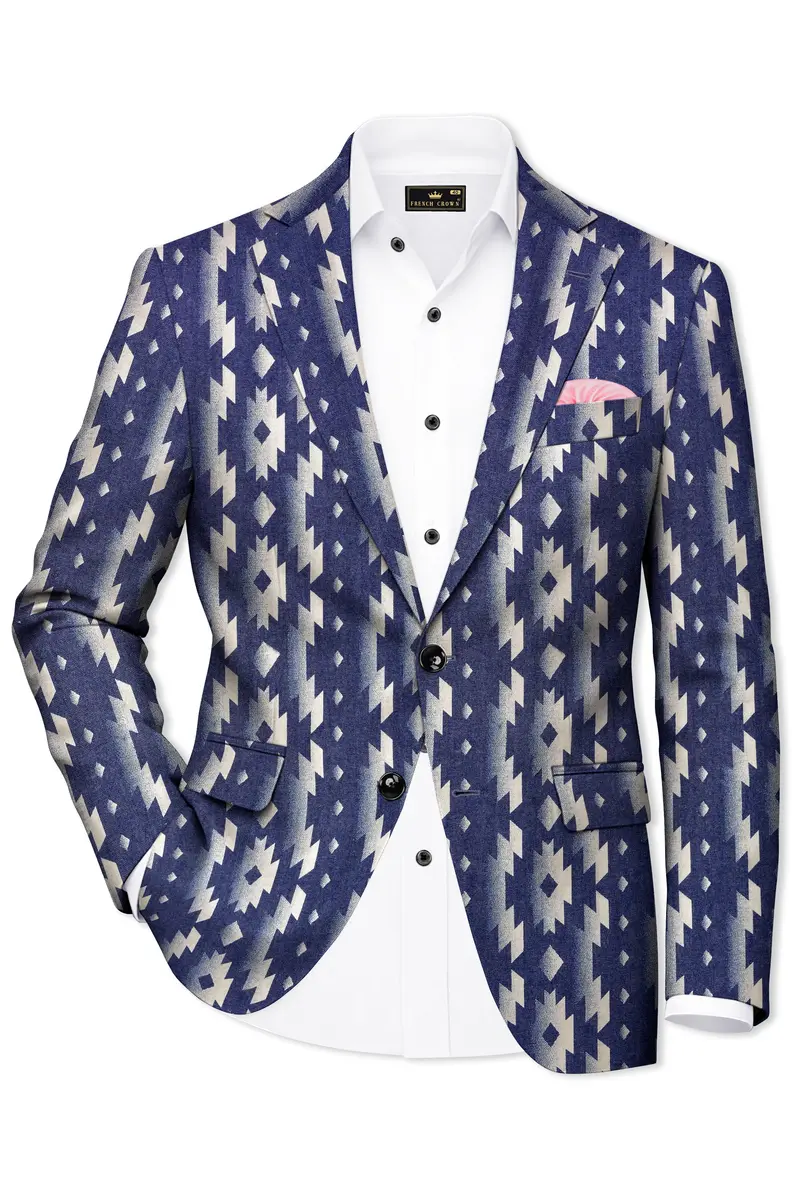 Gunmetal Blue With Nobel Cream Iktat Printed Denim Designer Premium Cotton Blazer 2
