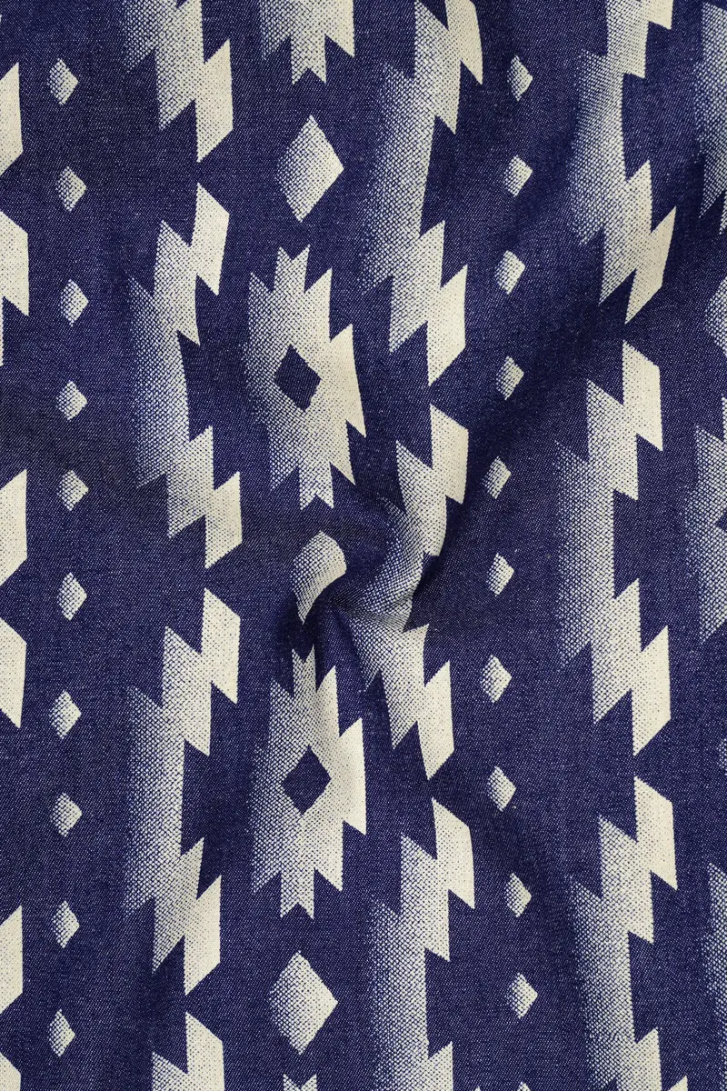 Gunmetal Blue With Nobel Cream Iktat Printed Denim Designer Premium Cotton Blazer 3