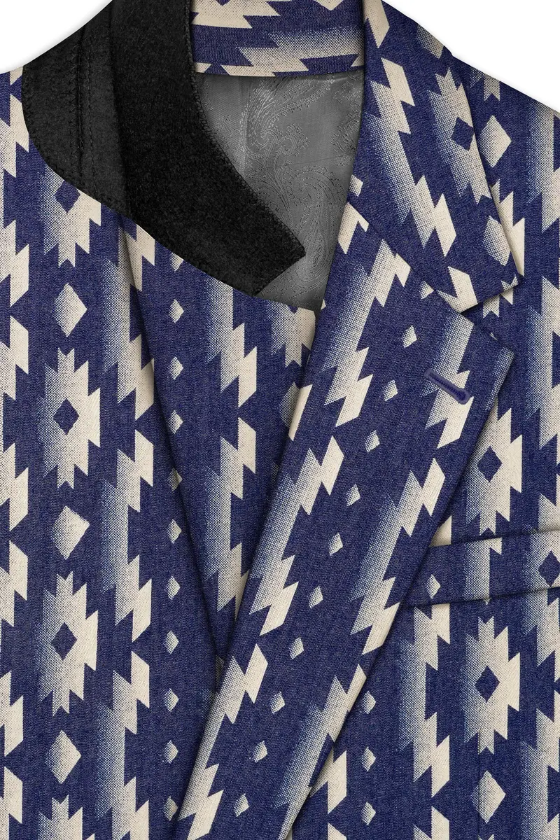 Gunmetal Blue With Nobel Cream Iktat Printed Denim Designer Premium Cotton Blazer 4