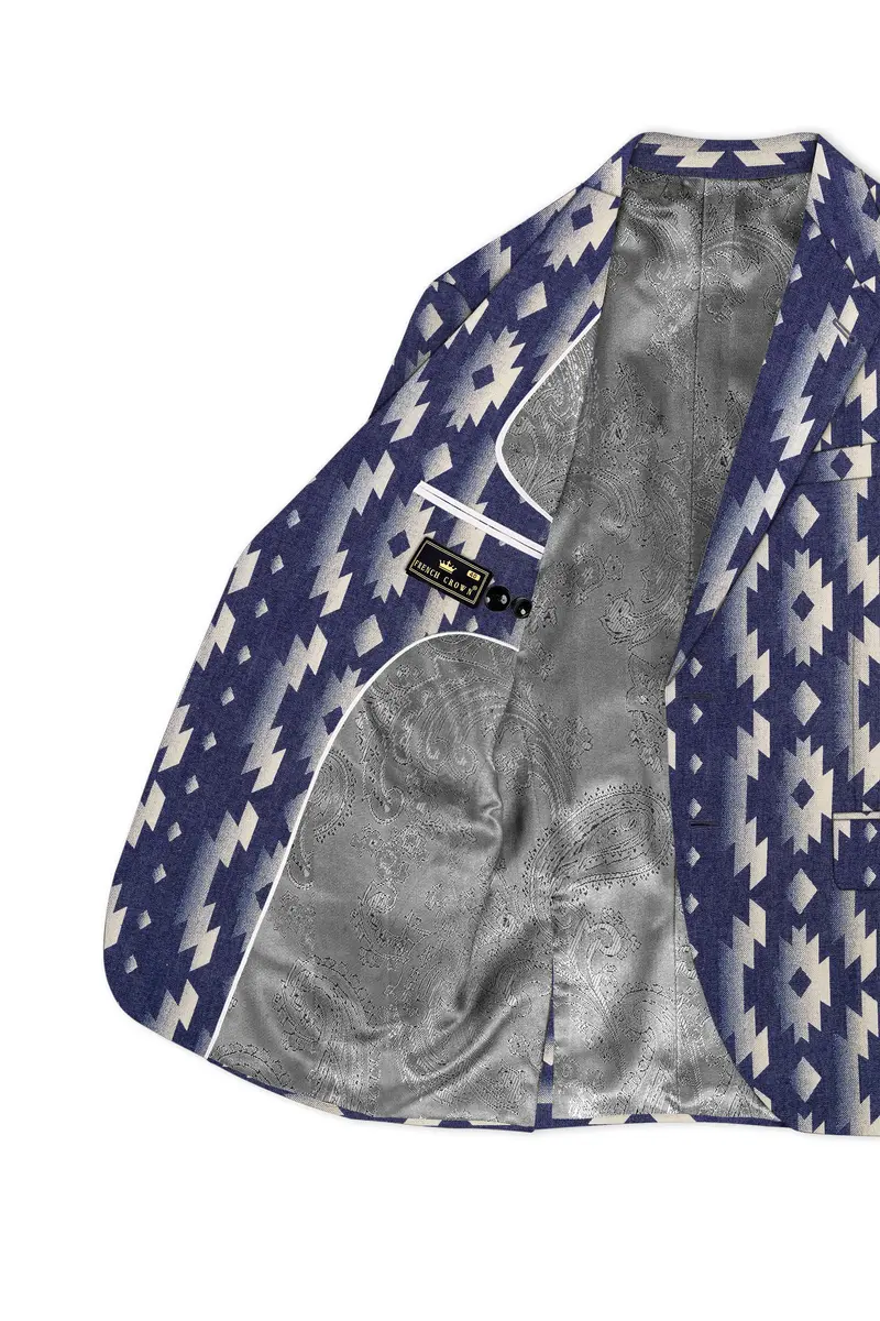 Gunmetal Blue With Nobel Cream Iktat Printed Denim Designer Premium Cotton Blazer 5
