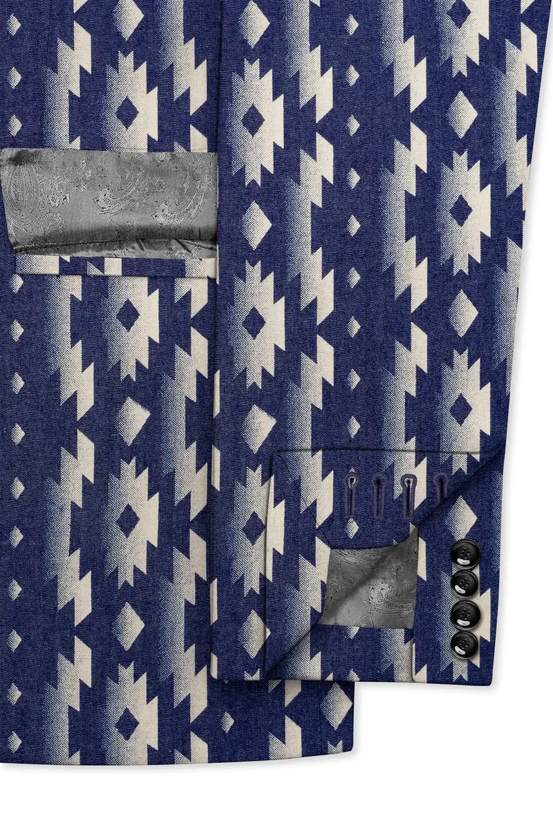 Gunmetal Blue With Nobel Cream Iktat Printed Denim Designer Premium Cotton Blazer 6