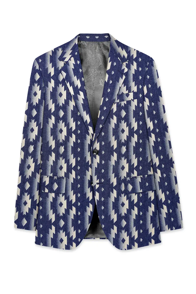 Gunmetal Blue With Nobel Cream Iktat Printed Denim Designer Premium Cotton Blazer 7