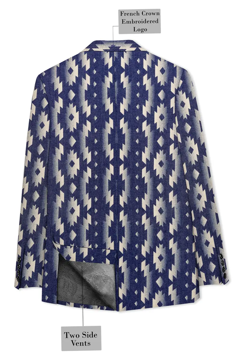 Gunmetal Blue With Nobel Cream Iktat Printed Denim Designer Premium Cotton Blazer 8