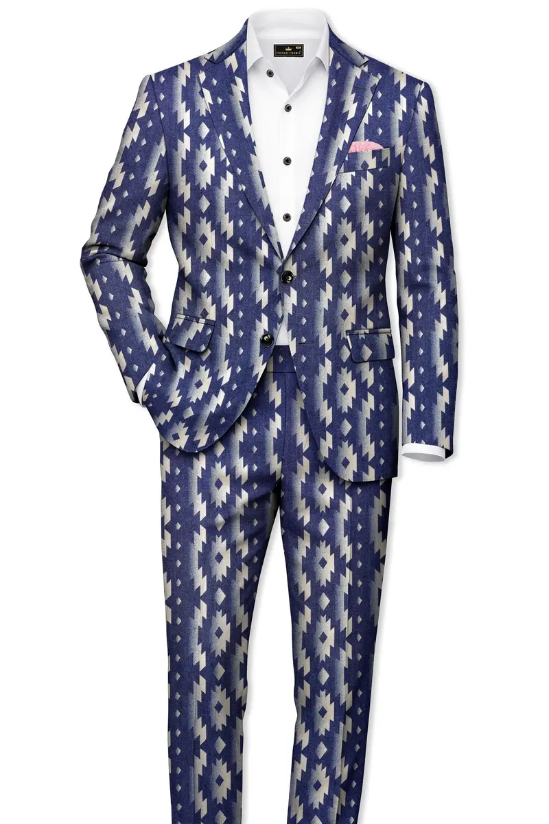 Gunmetal Blue With Nobel Cream Iktat Printed Denim Designer Premium Cotton Blazer 9