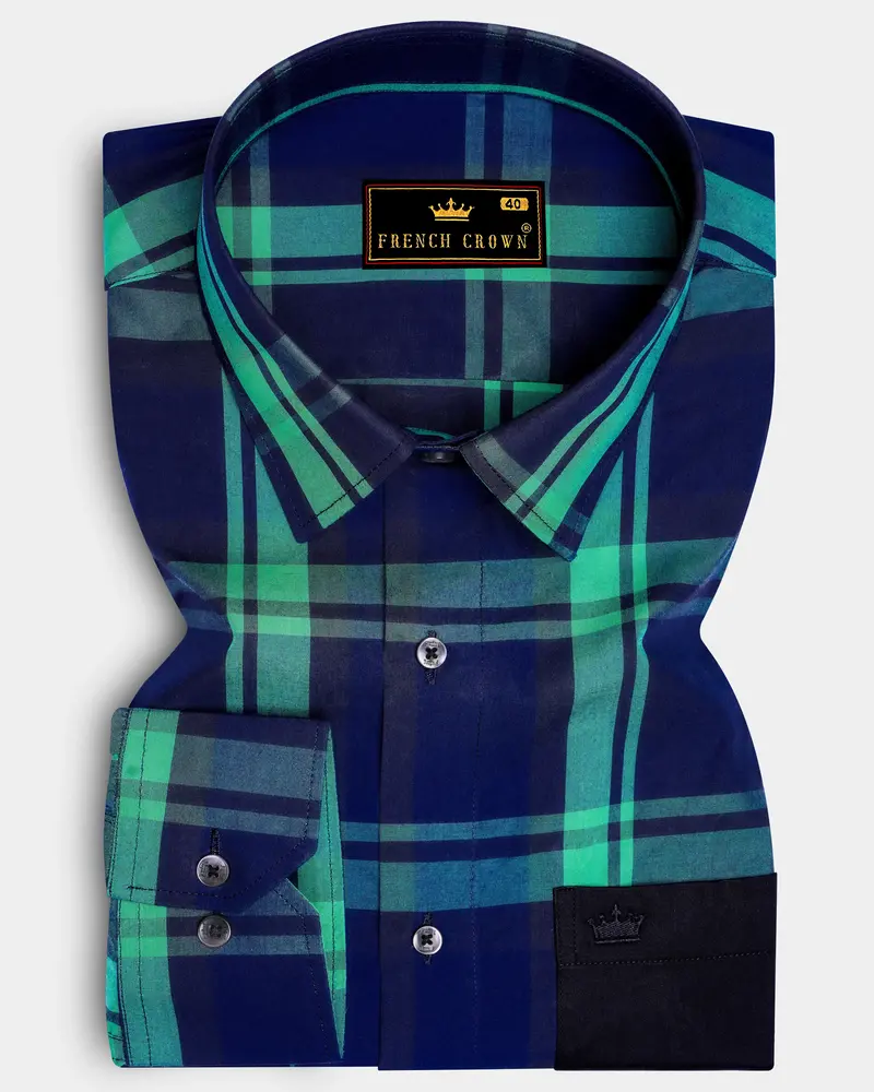 Gunmetal Blue With Viridian Green Plaid Premium Cotton Designer Shirt 1
