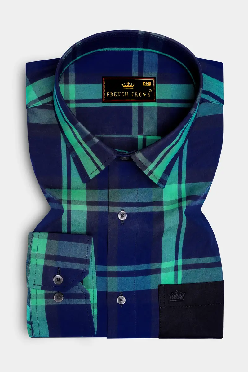 Gunmetal Blue With Viridian Green Plaid Premium Cotton Designer Shirt 2