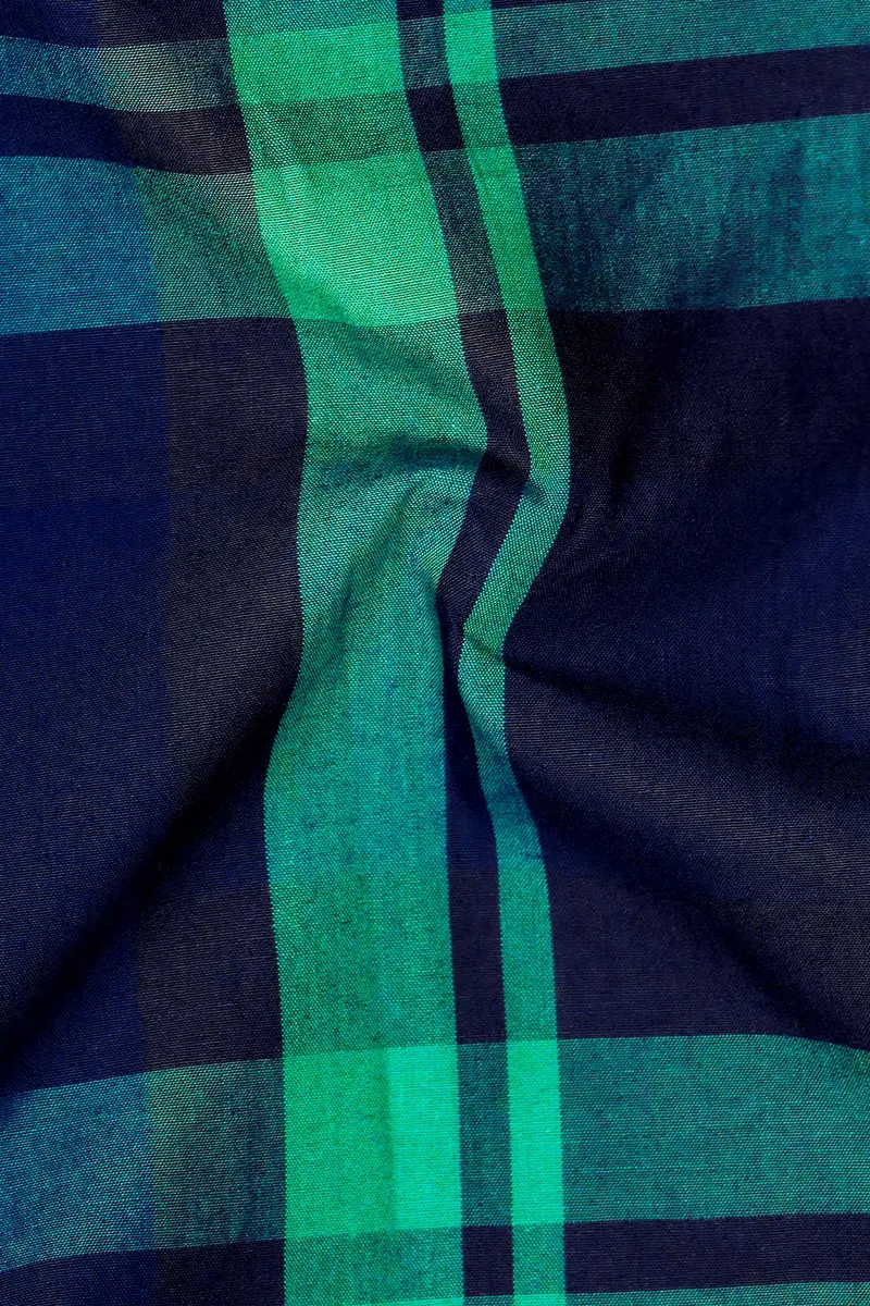 Gunmetal Blue With Viridian Green Plaid Premium Cotton Designer Shirt 3