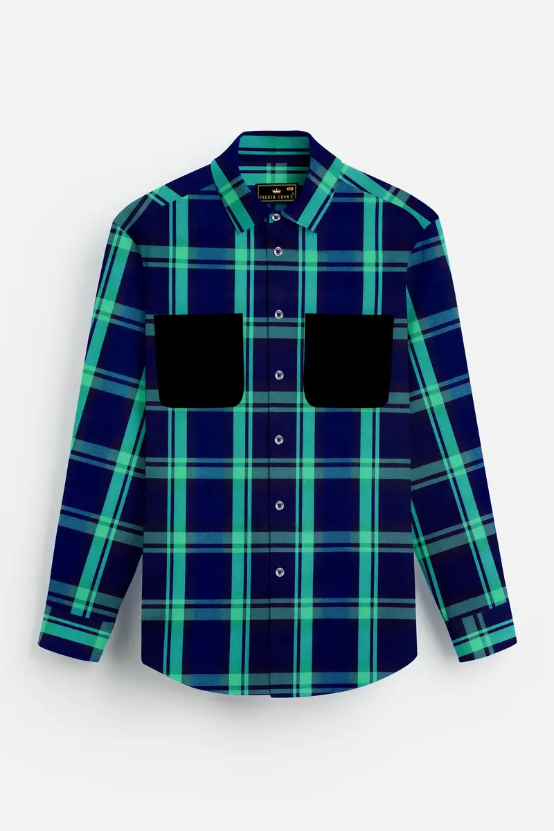 Gunmetal Blue With Viridian Green Plaid Premium Cotton Designer Shirt 4