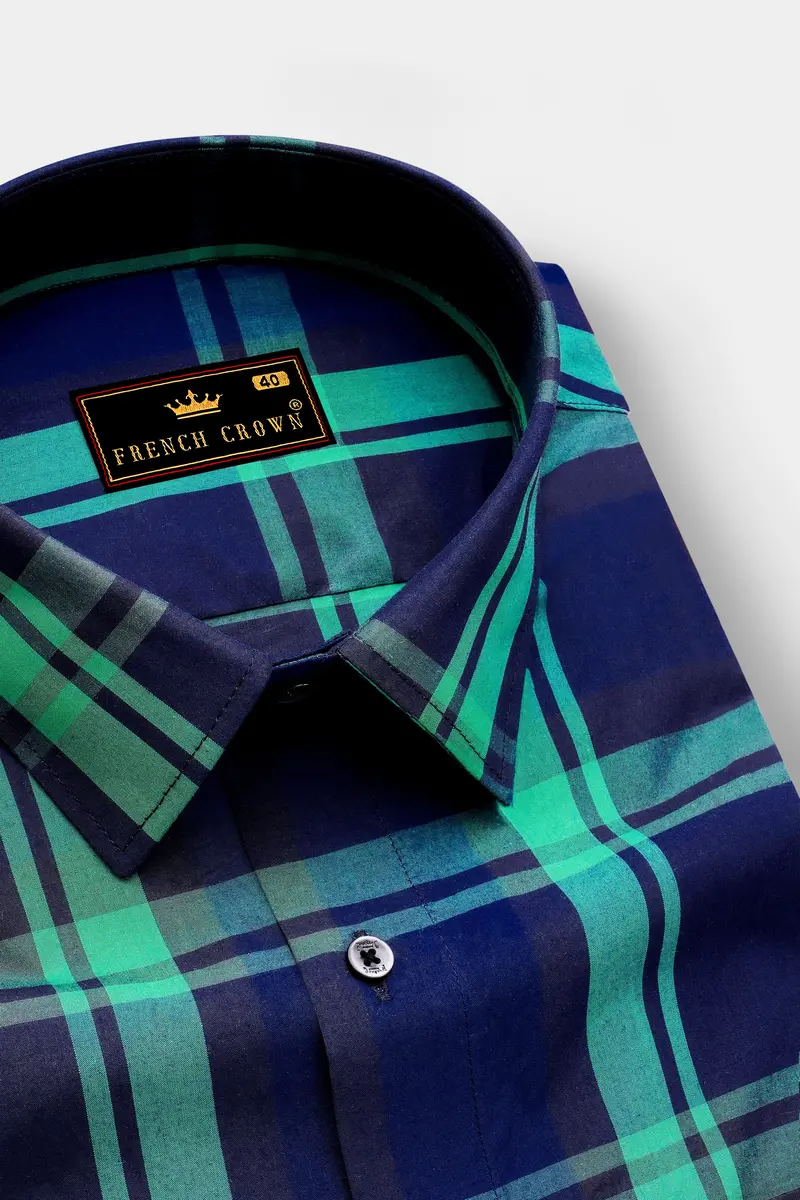 Gunmetal Blue With Viridian Green Plaid Premium Cotton Designer Shirt 5
