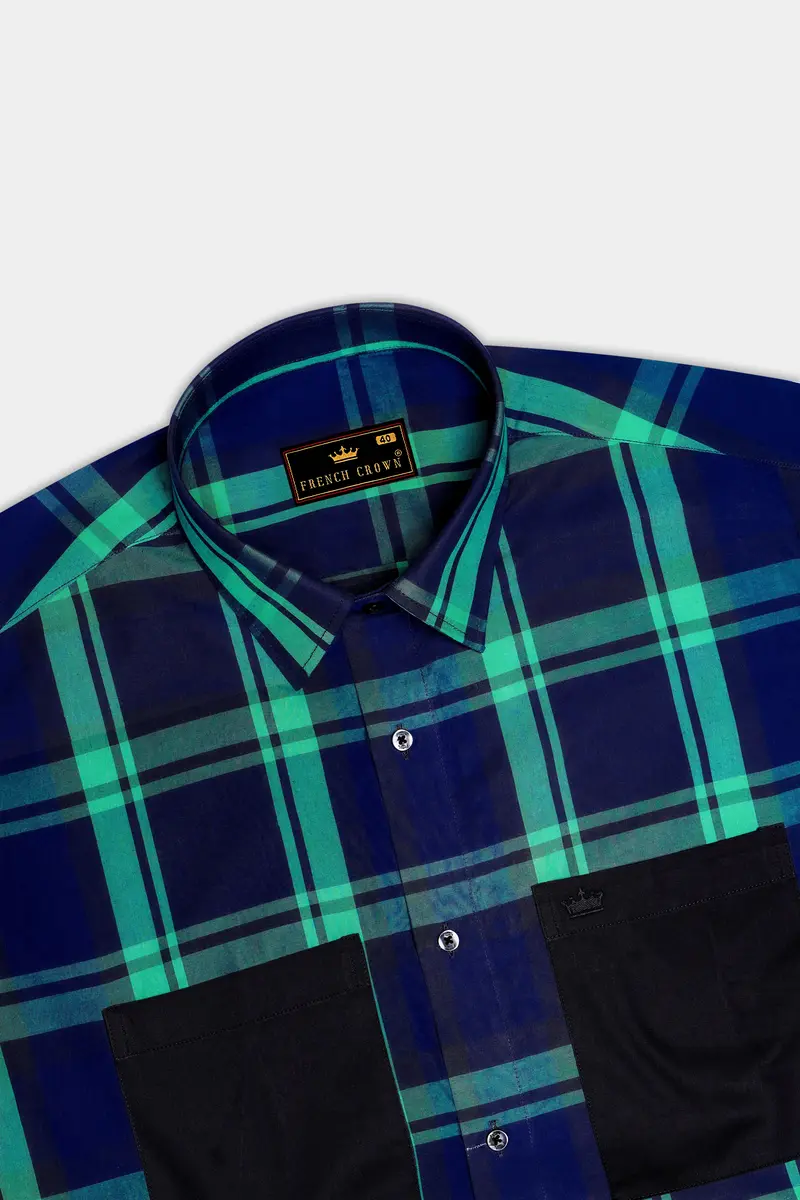 Gunmetal Blue With Viridian Green Plaid Premium Cotton Designer Shirt 6