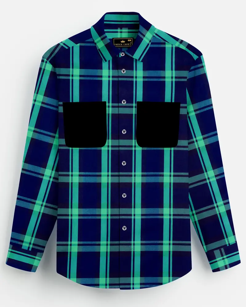 Gunmetal Blue With Viridian Green Plaid Premium Cotton Designer Shirt 8