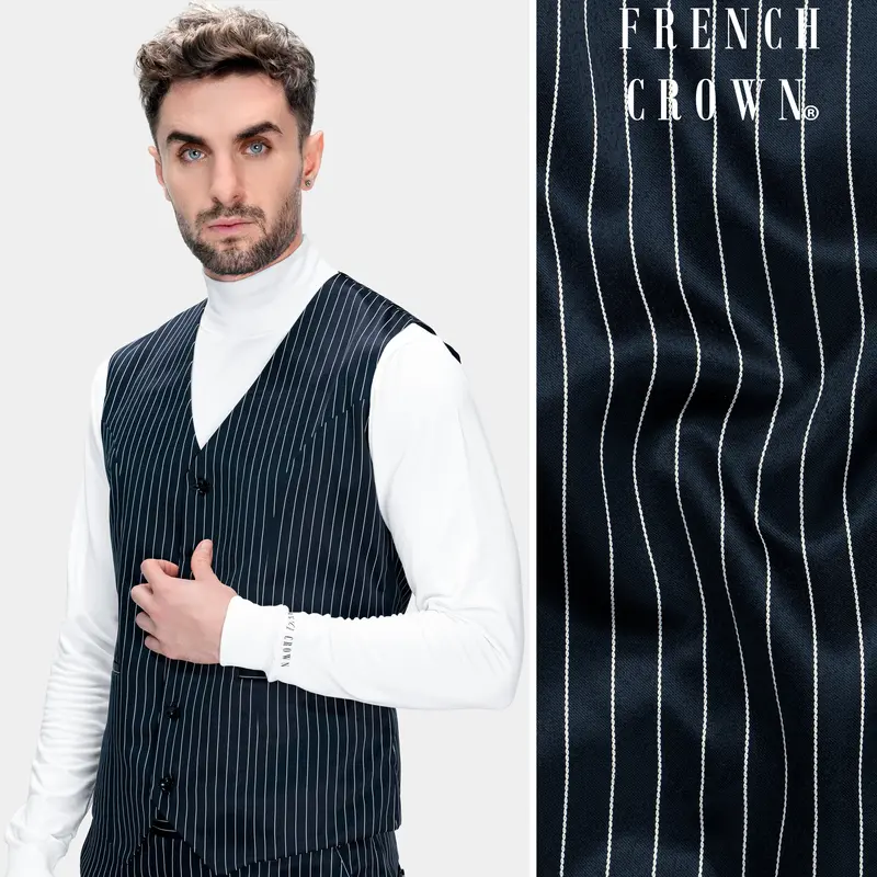 Gunmetal Blue With White Striped Wool Rich Waistcoat 1