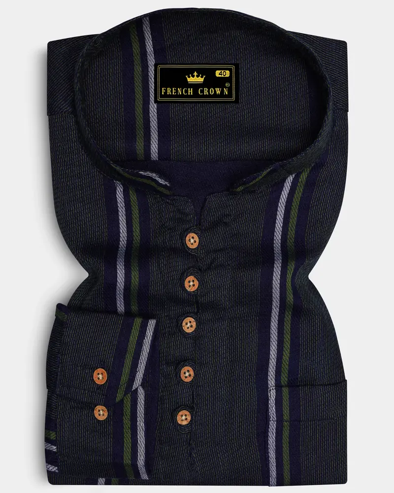 Gunmetal Gray With Cloud Burst Blue Multicolour Striped Dobby Textured Kurta Shirt 1