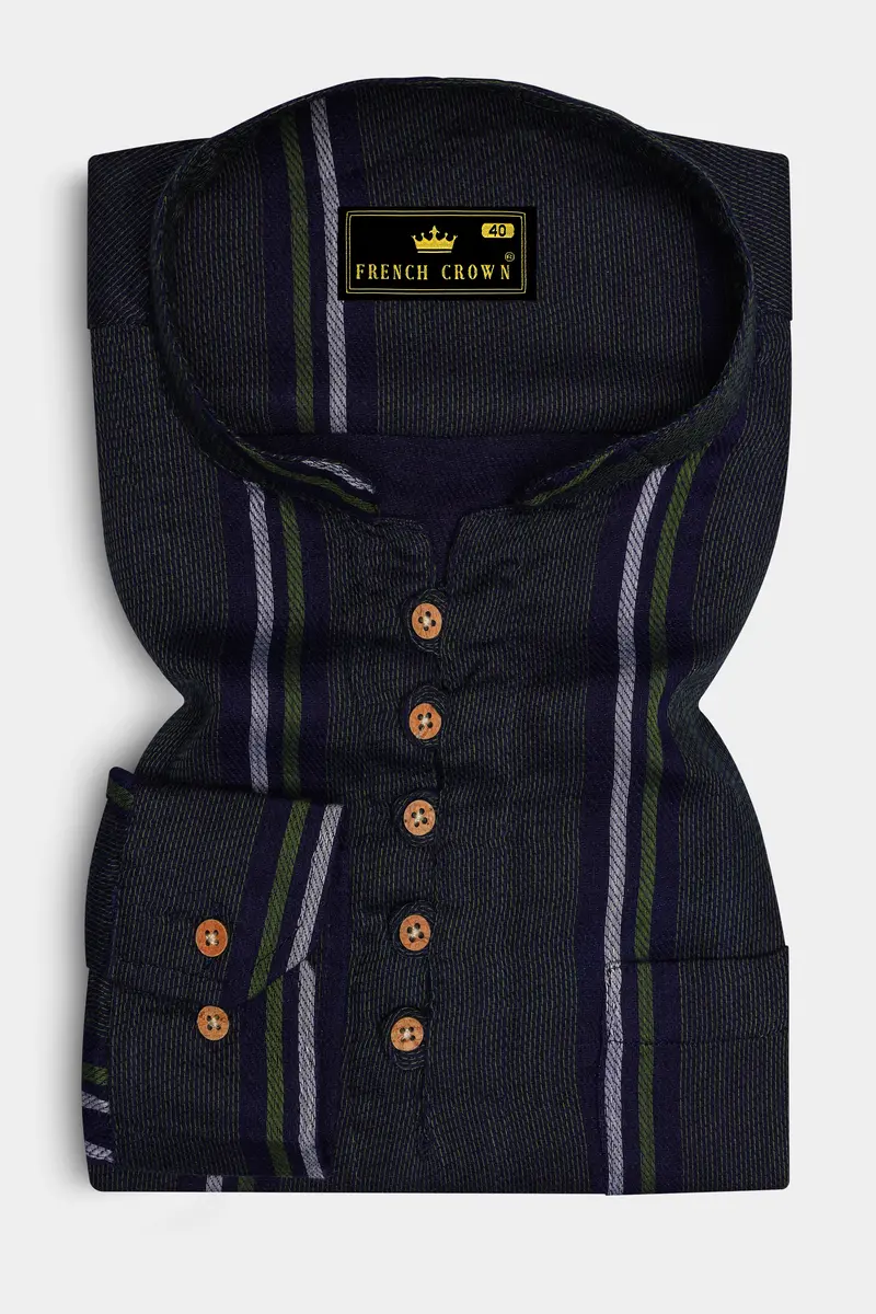 Gunmetal Gray With Cloud Burst Blue Multicolour Striped Dobby Textured Kurta Shirt 2