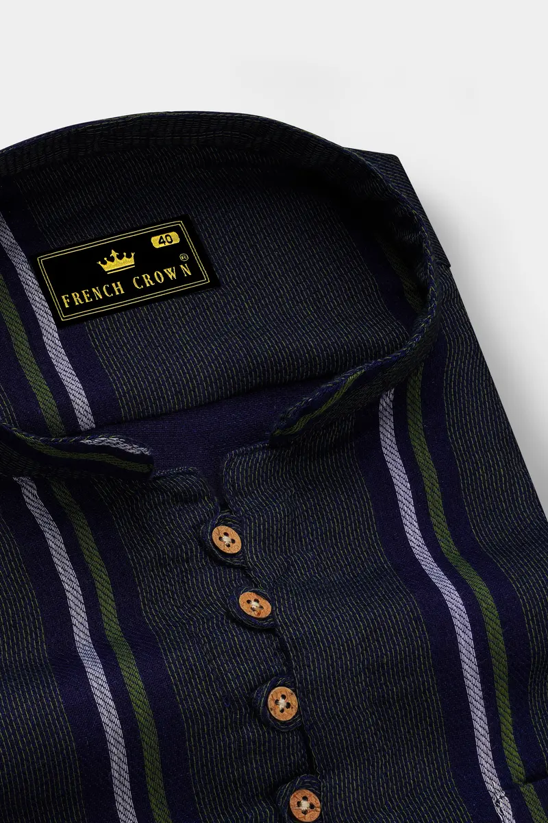 Gunmetal Gray With Cloud Burst Blue Multicolour Striped Dobby Textured Kurta Shirt 4