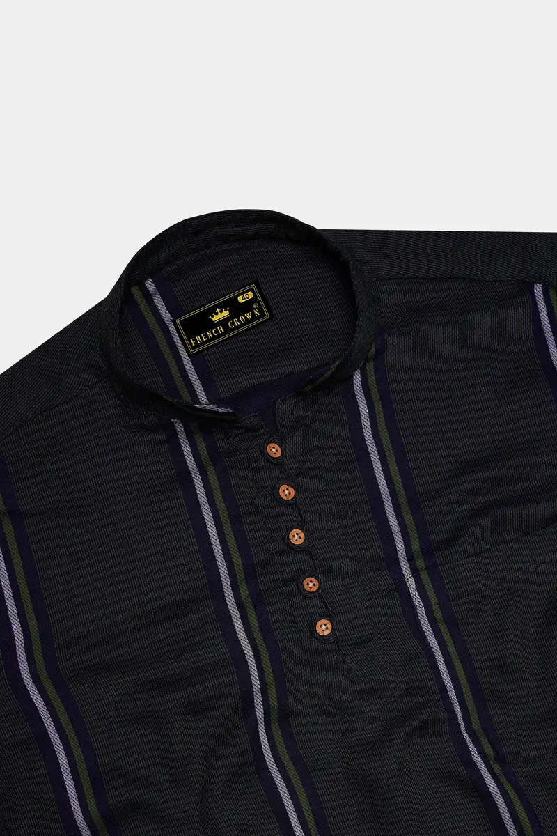 Gunmetal Gray With Cloud Burst Blue Multicolour Striped Dobby Textured Kurta Shirt 5