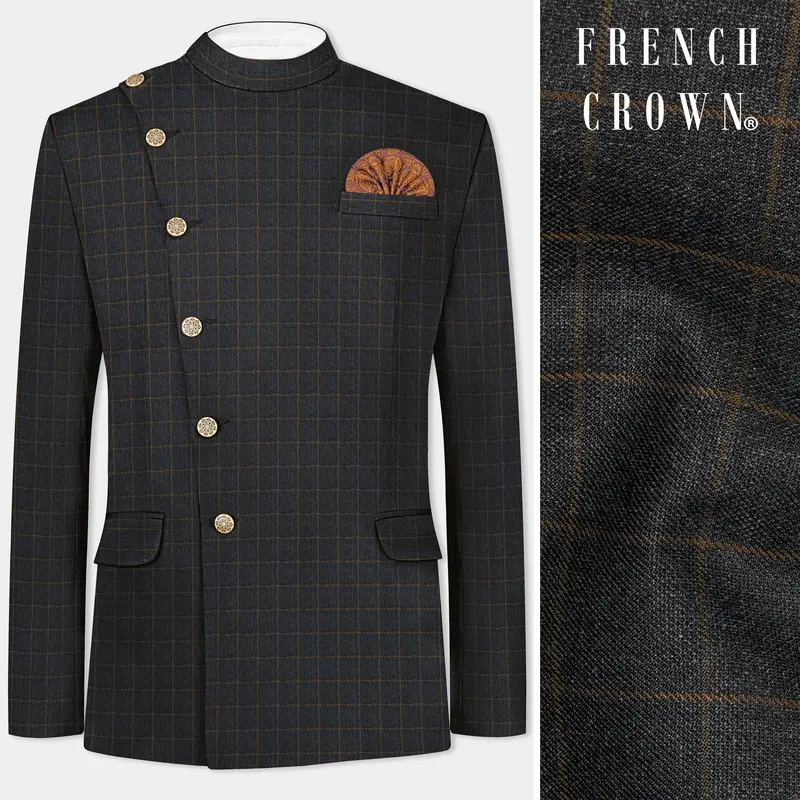 Gunmetal Gray With Dirt Brown Windowpane Wool Blend Blazer 1