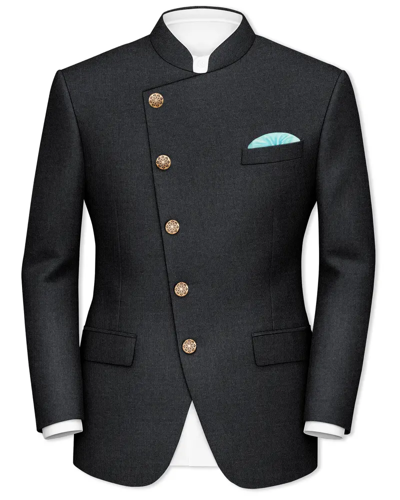 Gunmetal Grey Cross Placket Wool Rich Bandhgala Blazer 1