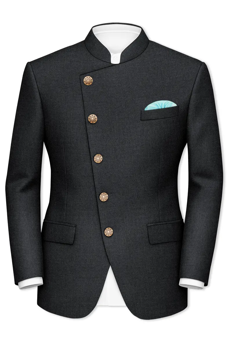Gunmetal Grey Cross Placket Wool Rich Bandhgala Blazer 2