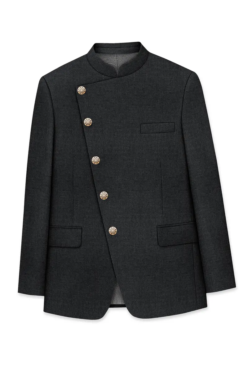 Gunmetal Grey Cross Placket Wool Rich Bandhgala Blazer 6