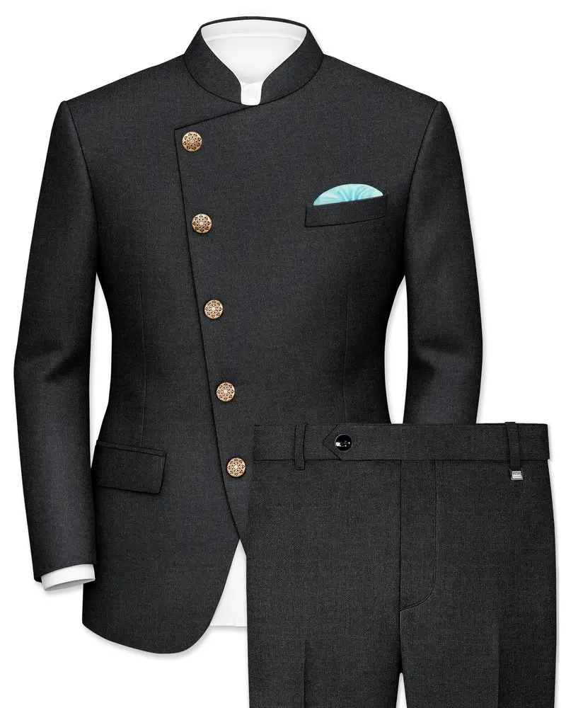 Gunmetal Grey Cross Placket Wool Rich Bandhgala Suit 1