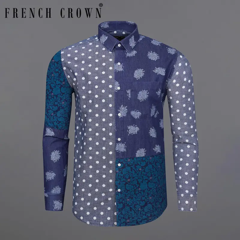 Gunpowder Blue Polka Dots Chambray Textured Premium Cotton Designer Denim Shirt 1