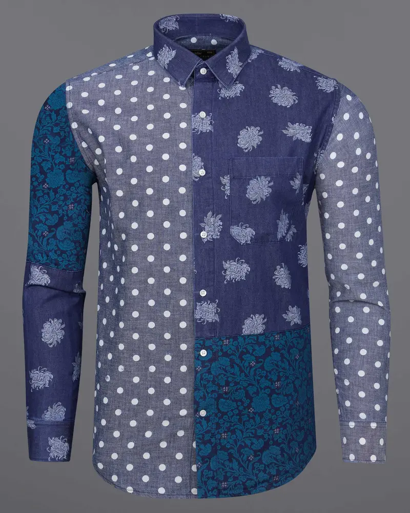 Gunpowder Blue Polka Dots Chambray Textured Premium Cotton Designer Denim Shirt 2