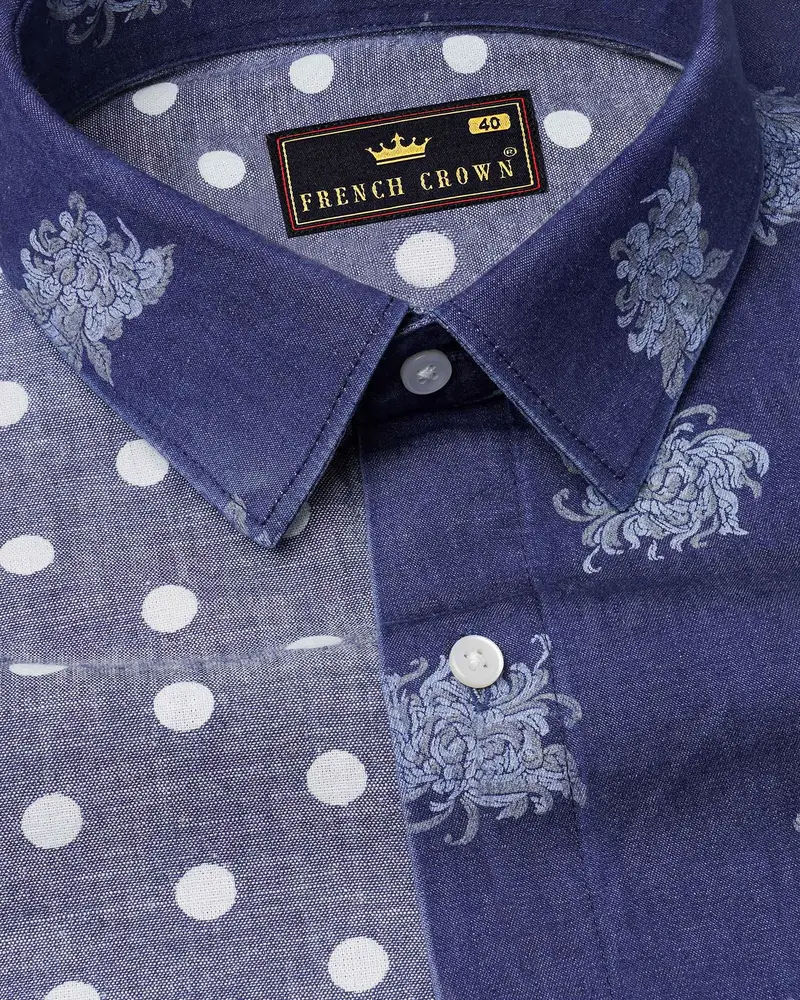 Gunpowder Blue Polka Dots Chambray Textured Premium Cotton Designer Denim Shirt 4