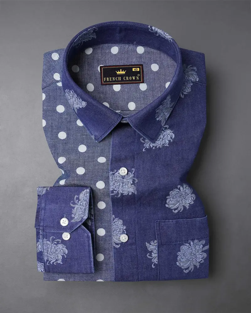 Gunpowder Blue Polka Dots Chambray Textured Premium Cotton Designer Denim Shirt 5