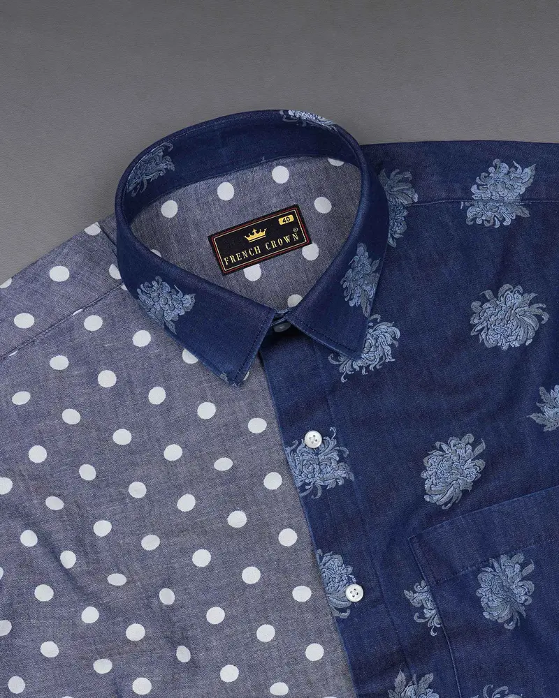 Gunpowder Blue Polka Dots Chambray Textured Premium Cotton Designer Denim Shirt 6