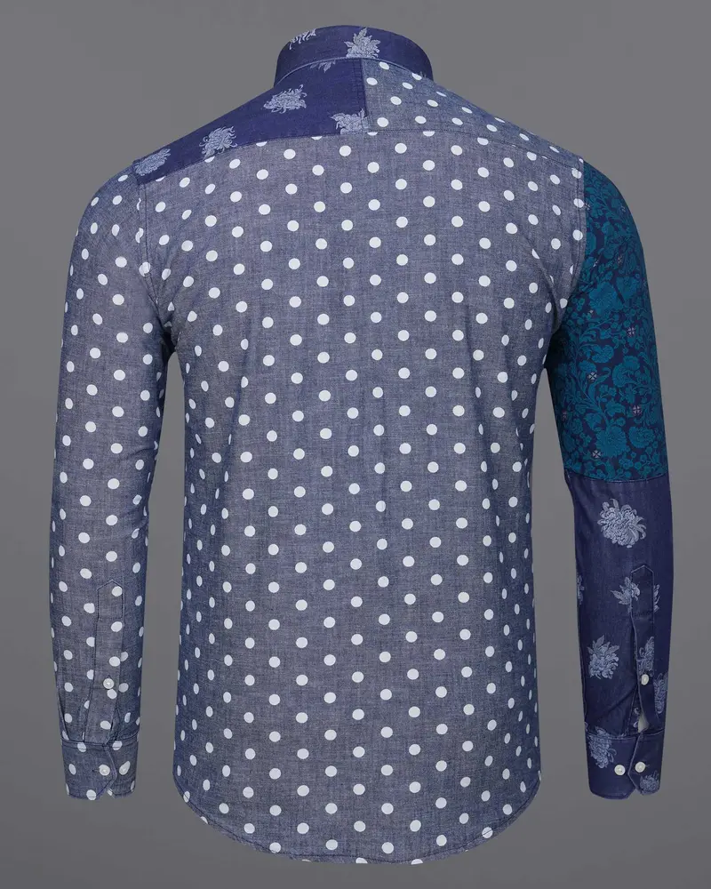Gunpowder Blue Polka Dots Chambray Textured Premium Cotton Designer Denim Shirt 7