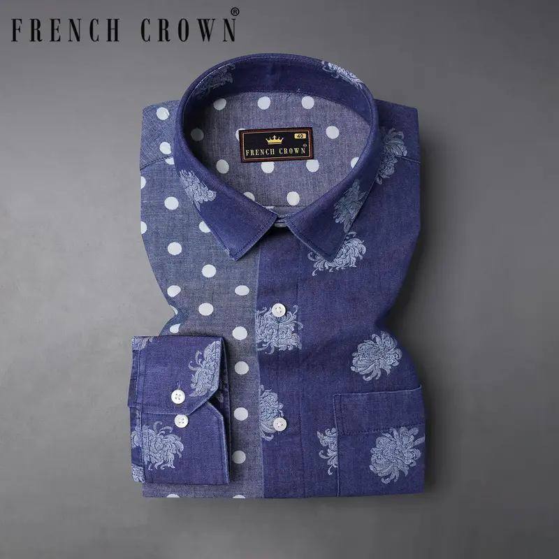 Gunpowder Blue Polka Dots Chambray Textured Premium Cotton Designer Denim Shirt 8