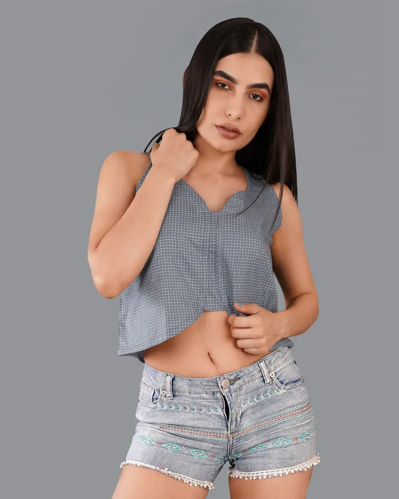 Gunsmoke Gray Gingham Checkered Premium Cotton Crop Top 2