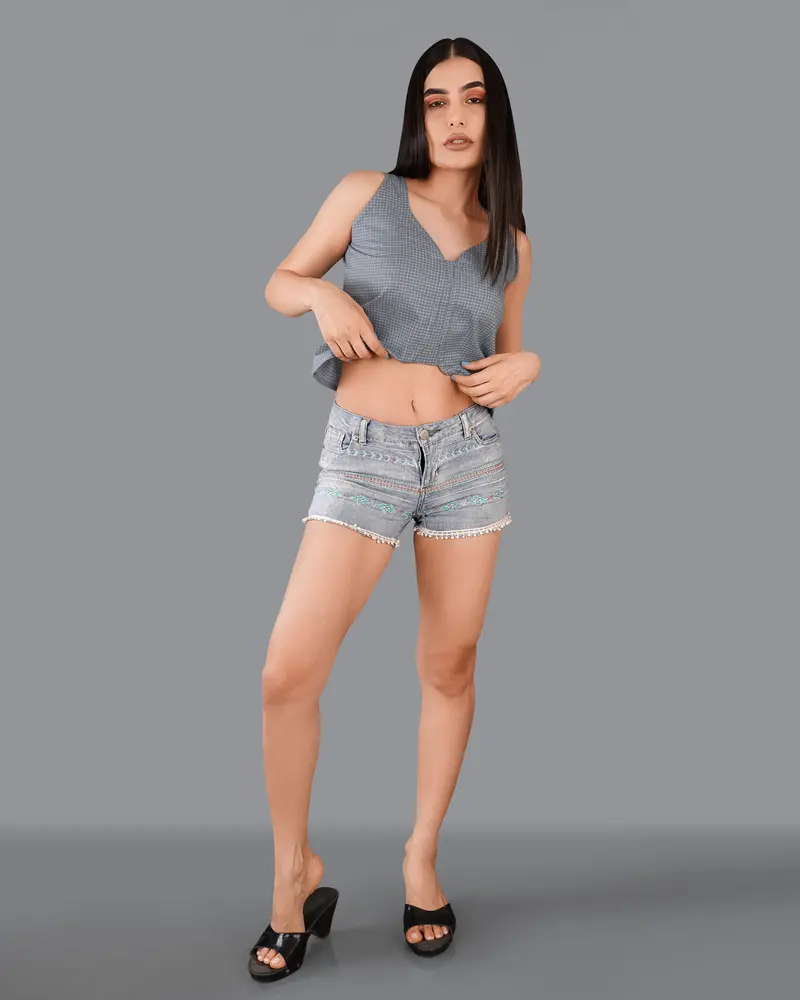 Gunsmoke Gray Gingham Checkered Premium Cotton Crop Top 4