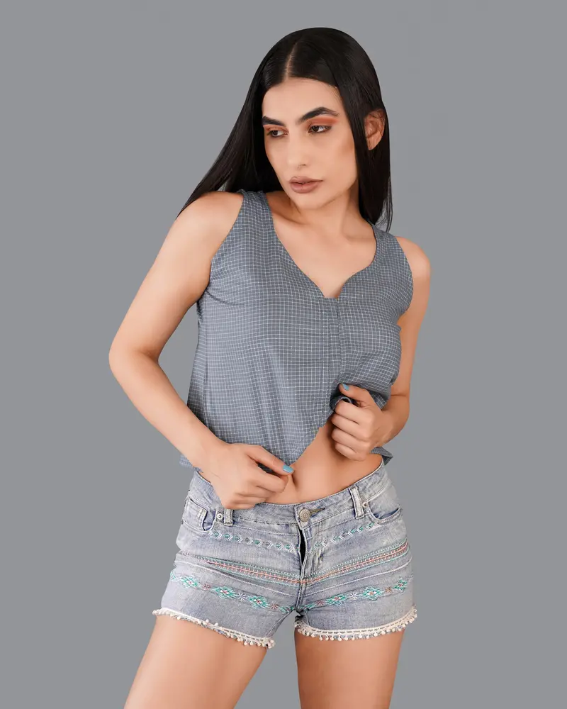 Gunsmoke Gray Gingham Checkered Premium Cotton Crop Top 5