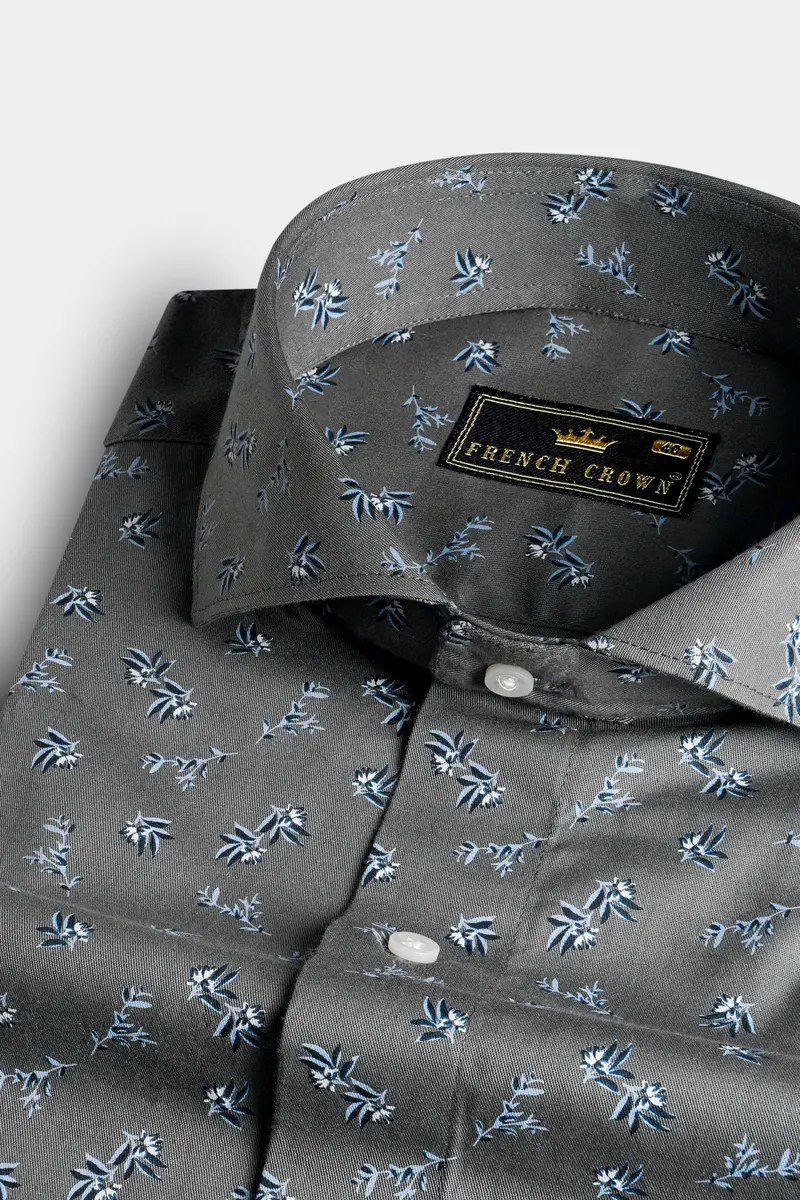 Gunsmoke Gray Leaves Printed Twill Premium Cotton Shirt 1
