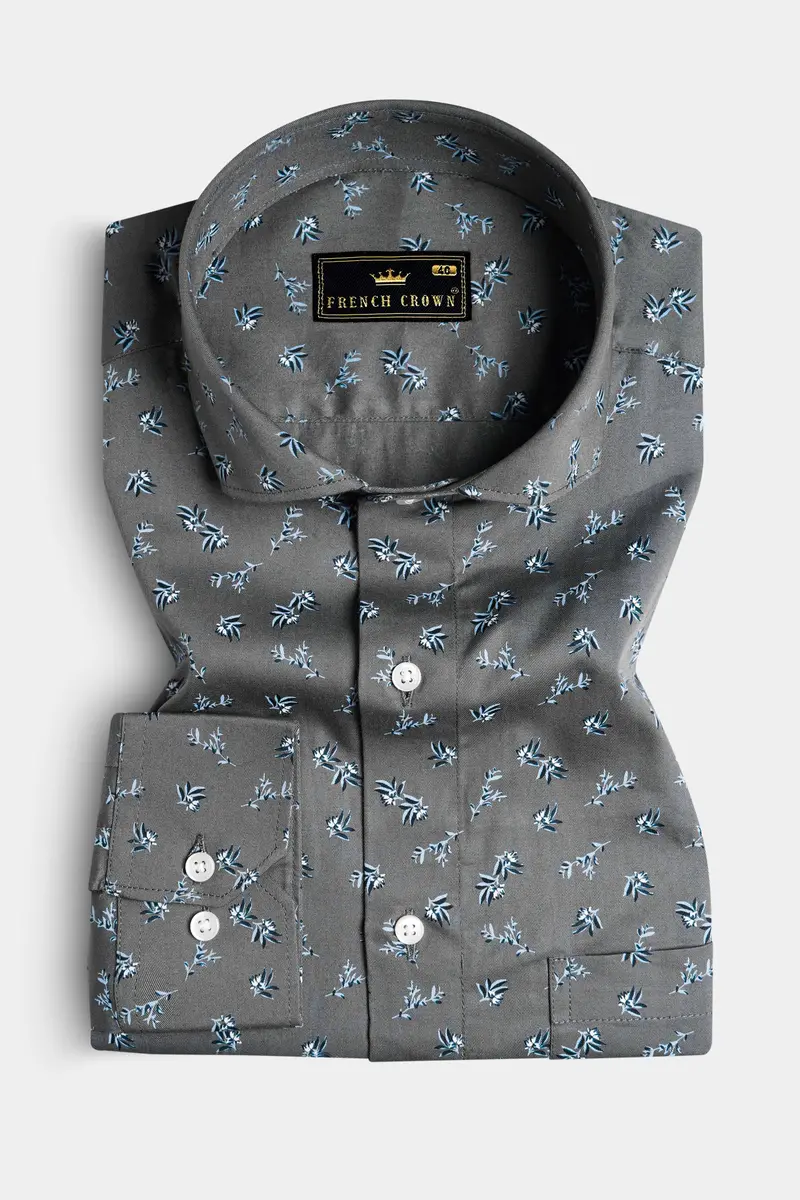 Gunsmoke Gray Leaves Printed Twill Premium Cotton Shirt 3