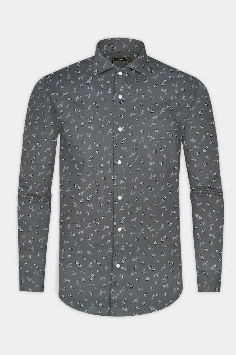 Gunsmoke Gray Leaves Printed Twill Premium Cotton Shirt 4