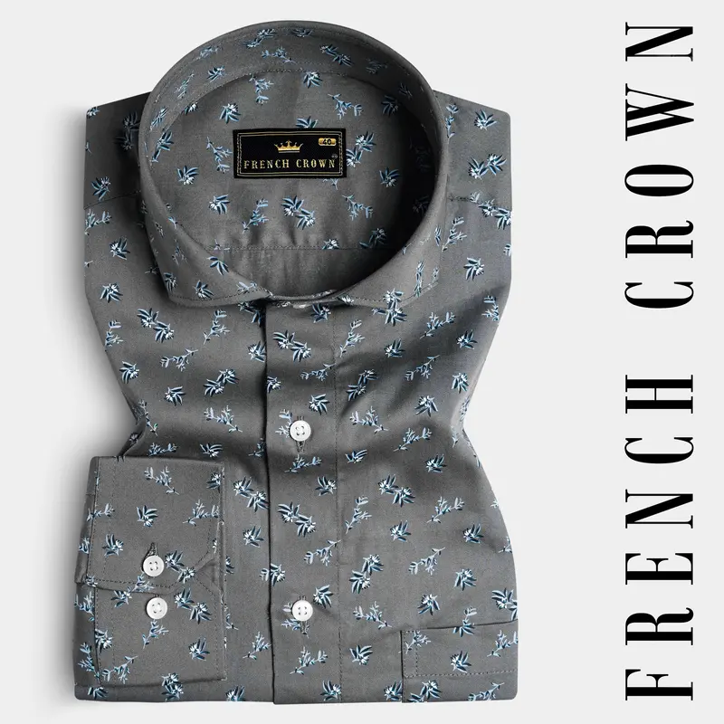 Gunsmoke Gray Leaves Printed Twill Premium Cotton Shirt 7