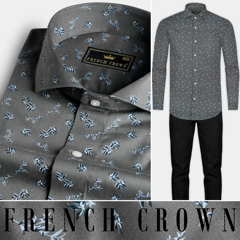 Gunsmoke Gray Leaves Printed Twill Premium Cotton Shirt 8