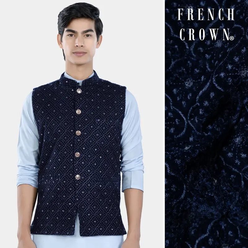 Haiti And Astros Blue Moroccan Thread And Sequin Embroidered Nehru Jacket 1